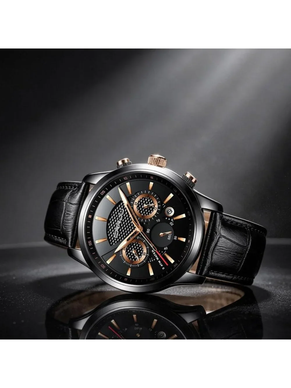 Men's Black Gold Chronograph Leather Strap Quartz Waterproof Classic Wrist Watch